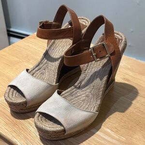 Tory Burch Ines Espadrilles Wood Wedge Peep Toe Canvas Sandals Ankle Strap